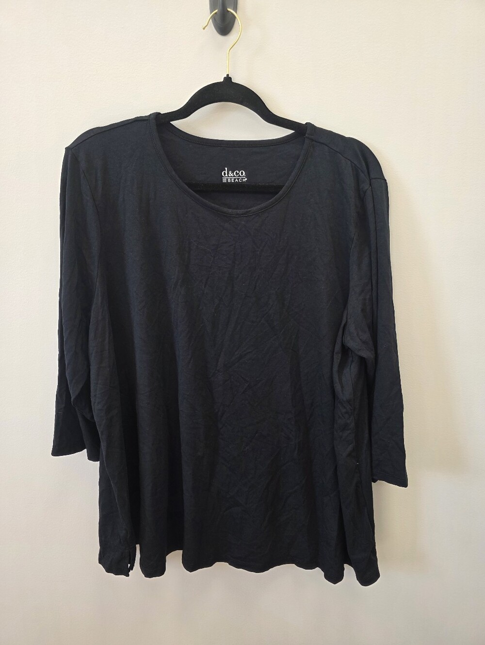 Denim & Co. Beach Black Jersey Swing Top XL 3/4 Sleeve Stretch Scoop Neck
